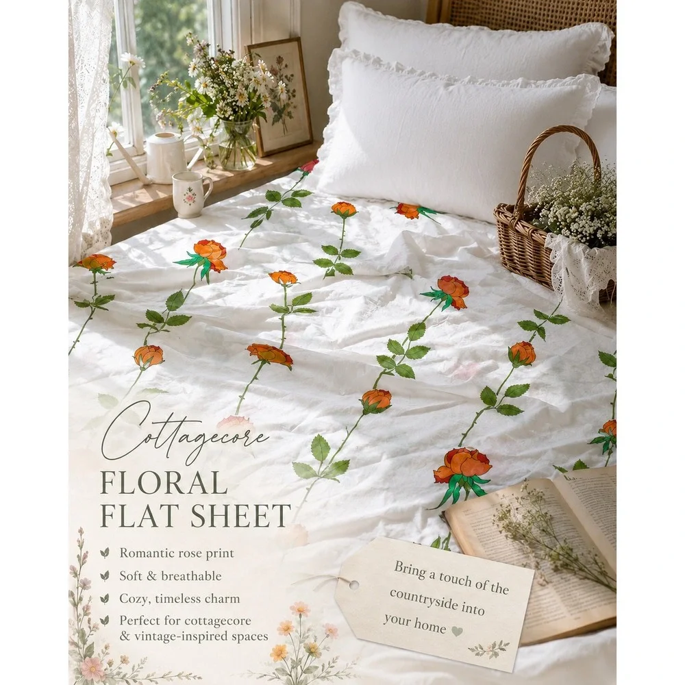 Vintage Cottagecore Flat Sheet Orange Rose Floral Whimsigoth Botanical Bedding